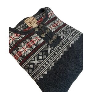 Woolrich Fair Isle Knit Clasp Sweater Women's L Gray Warm Cozy Outdoors Cottage